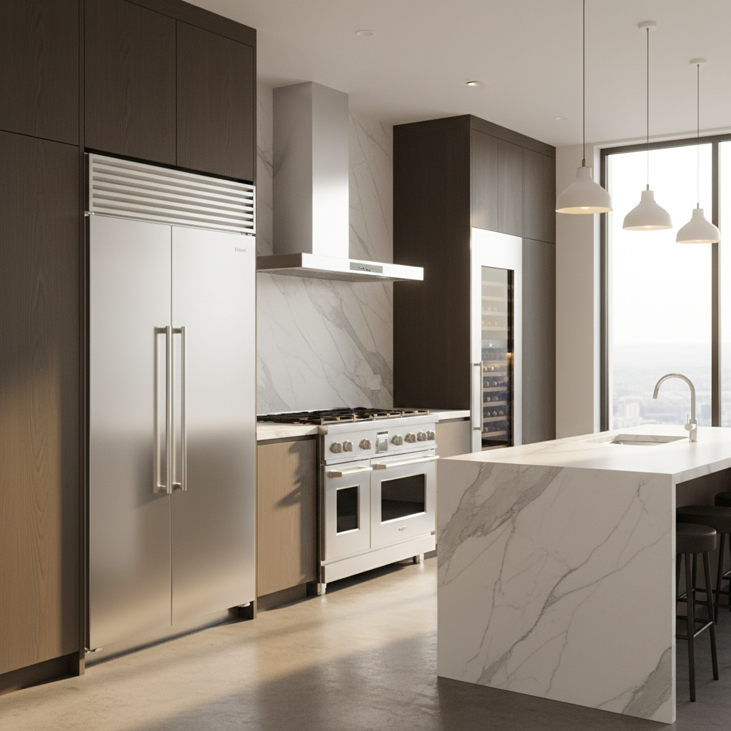 Luxury modern kitchen with stainless steel refrigerator