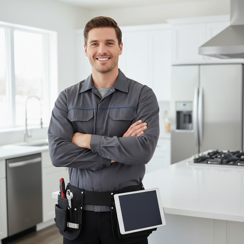 Smiling appliance repair technician in a modern kitchen